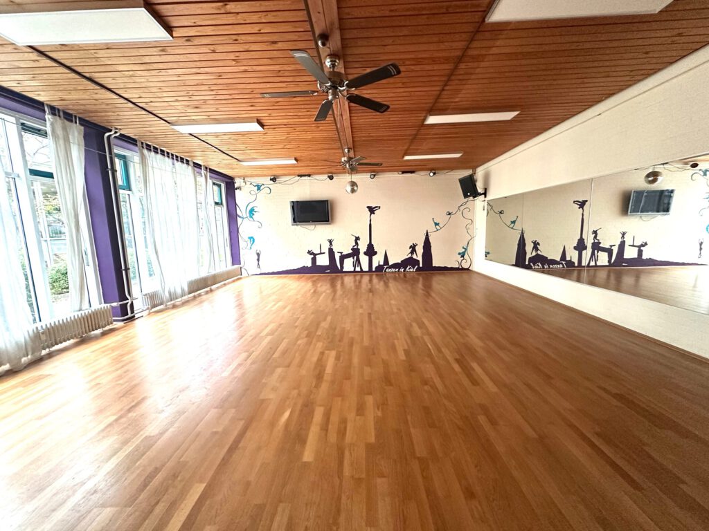 Tanzsaal mit Holzdecke, Parkett und Spiegelwand