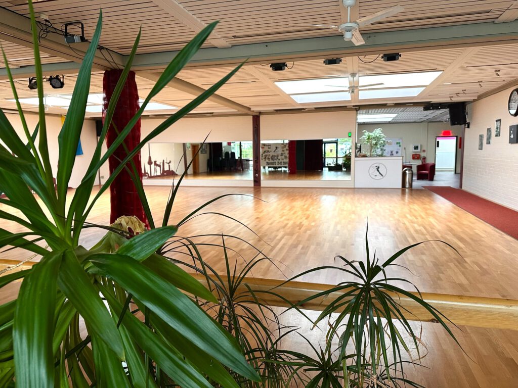 Tanzsaal mit Parkettboden, Spiegelwand und Pflanzen